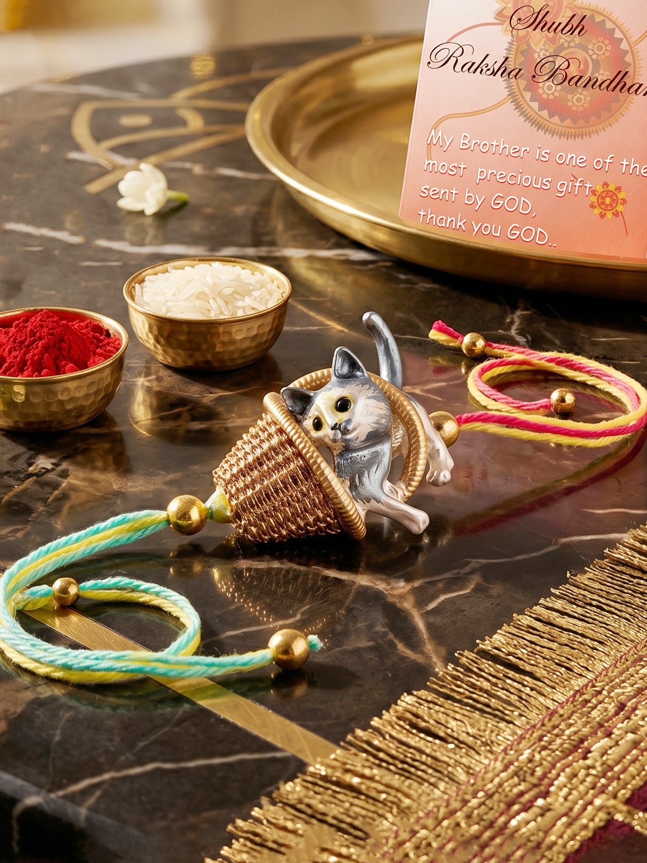 Kids Cute Kitten in Basket Rakhi for Brother with Metallic Beads, Roli Chawal & Card (225-CHR1-1314-1-2026)