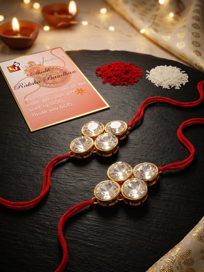 LUCKY JEWELLERY Traditional Rakhi for Brother/Bhaiya – Gold Plated Red Thread Rakshabandhan Rakhie White Stones for Bhai/Bhabhi (Pack of 2) – Fancy Rakhee Bracelet Rakshasutra (198-L1R1-19-W-2-2026)