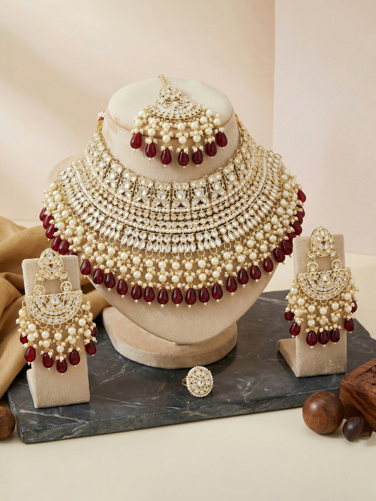 Gold Plated Kundan & Pearl Maroon Stone Bridal Choker Jewellery Set with Maang Tikka (1683-ISK-855-M)