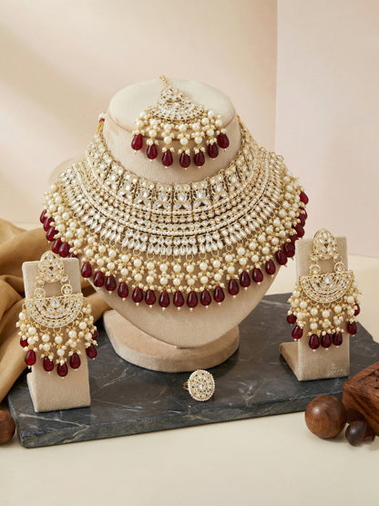 Gold Plated Kundan & Pearl Maroon Stone Bridal Choker Jewellery Set with Maang Tikka (1683-ISK-855-M)