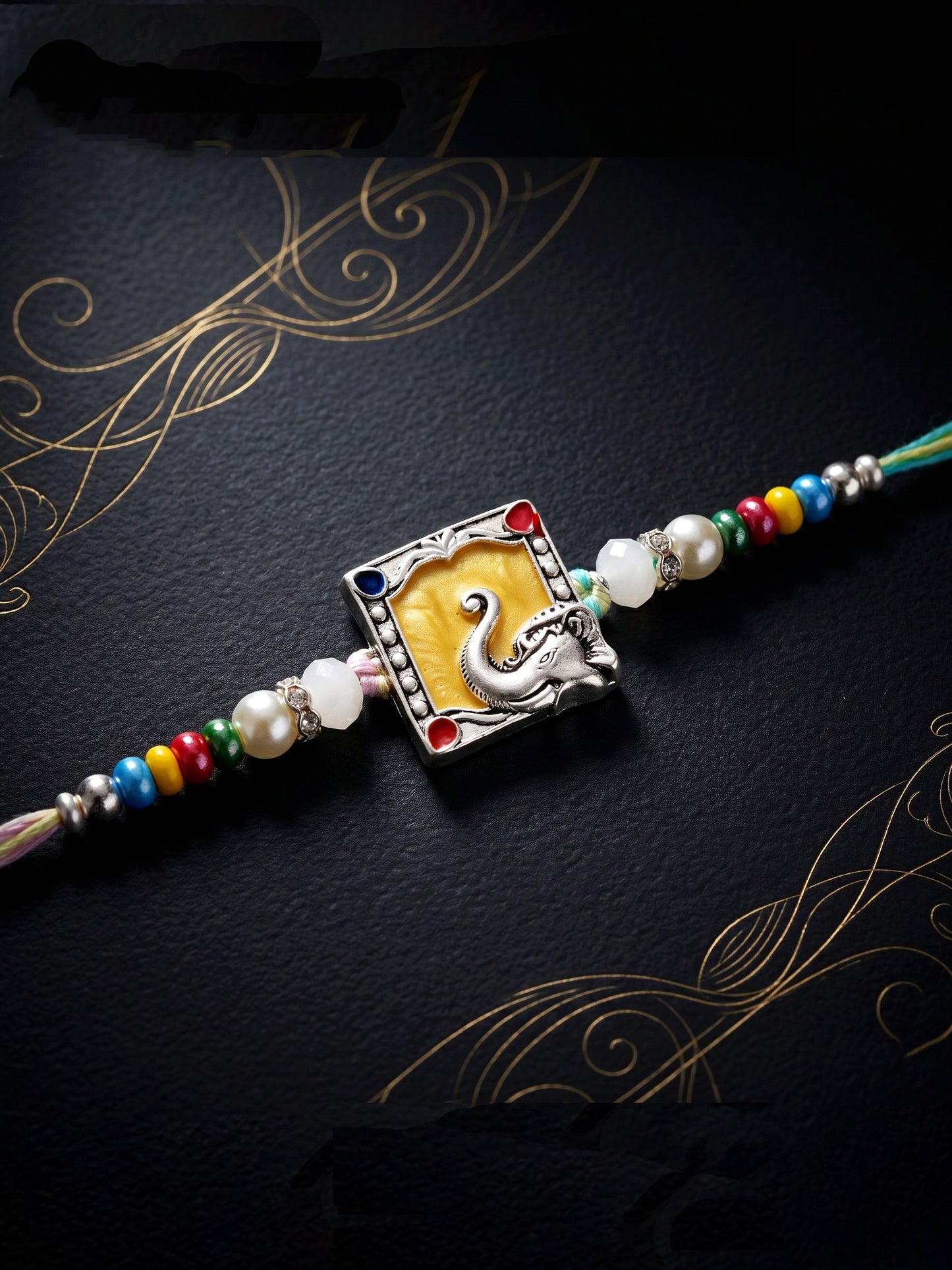 Lord Ganesha Silver-Finish Yellow Enamel Beaded Rakhi For Brother | Rakhi With Roli Chawal, Card (132-S5R1-AR2769)