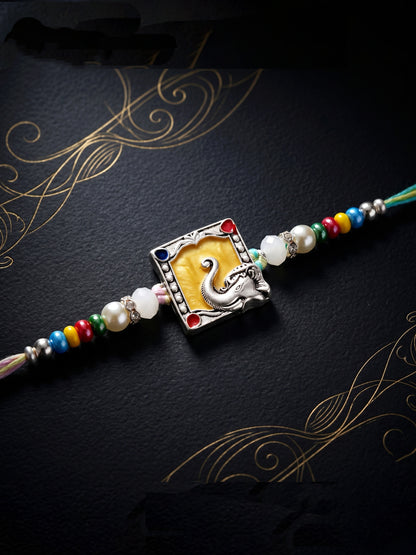 Lord Ganesha Silver-Finish Yellow Enamel Beaded Rakhi For Brother | Rakhi With Roli Chawal, Card (132-S5R1-AR2769)