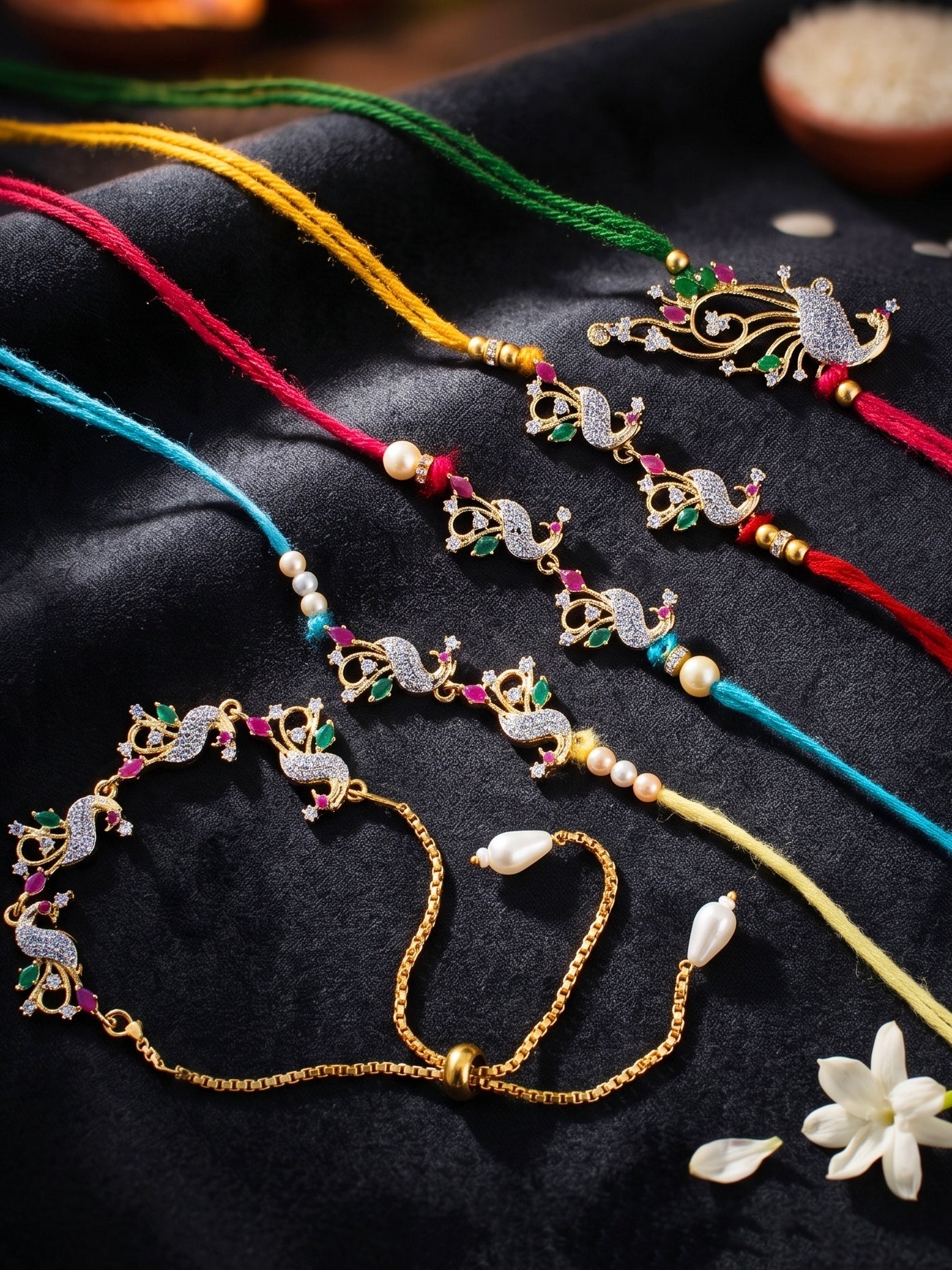 Set of 5 Designer Gold-Toned Peacock Rakhi Set for Brother & Bhabhi, Roli, Chawal & Card (680-P4R1-1544-5-2026)