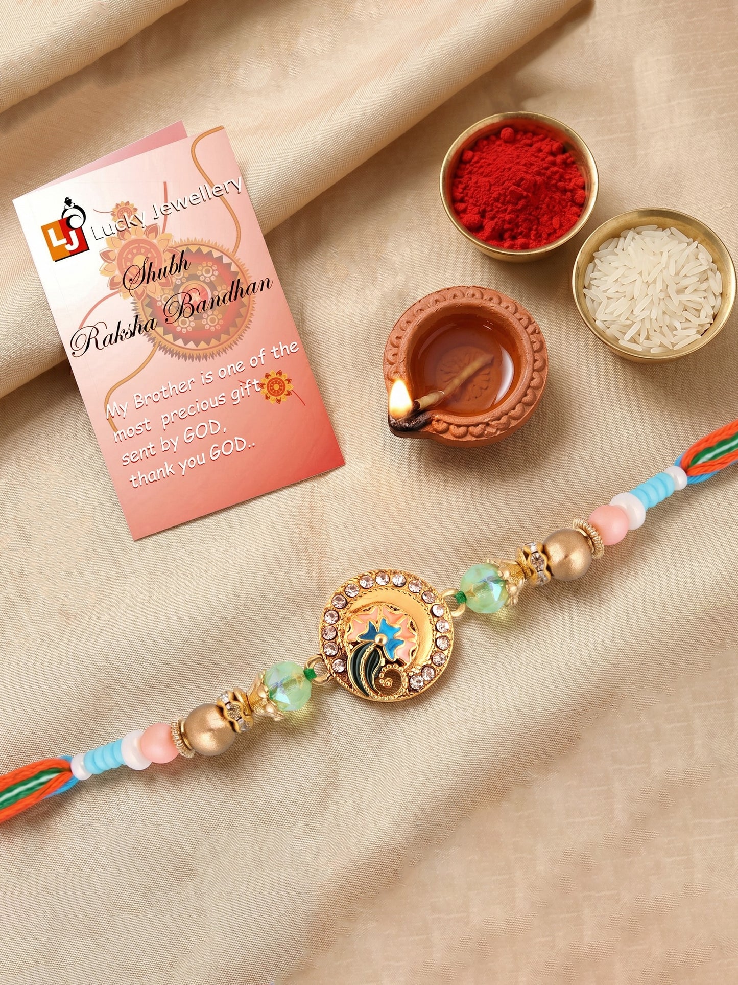 Designer Floral Enamel Multicolour Beaded Rakhi for Brother with Roli Chawal & Greeting Card (70-S7R1-EA2822)