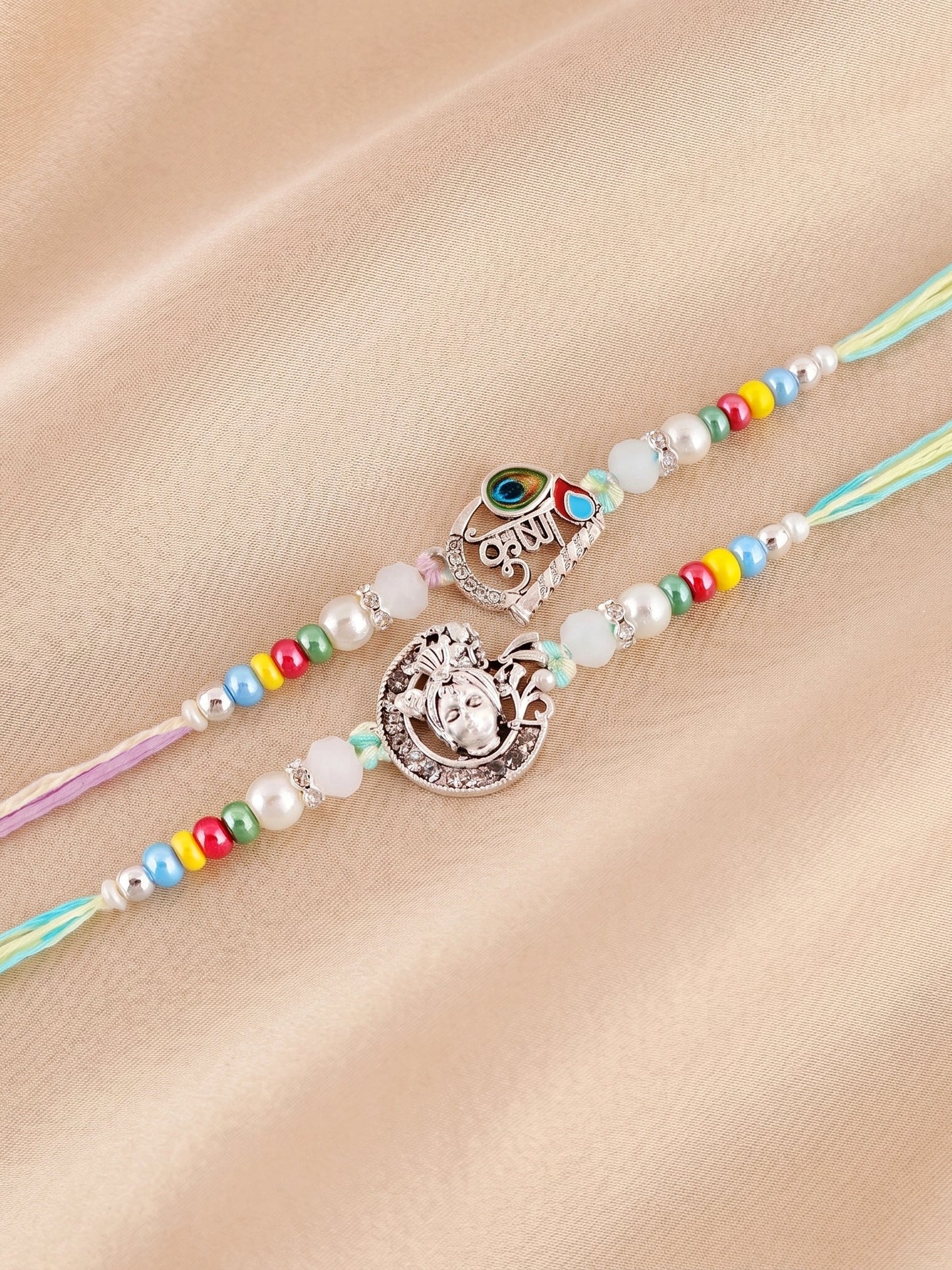 Lucky Jewellery Set of 4 Silver-Toned Bal Krishna & Peacock Rakhi for Brother | Designer Beaded Raksha Bandhan Threads with Roli, Chawal & Card (408-S5R1-2308-4)
