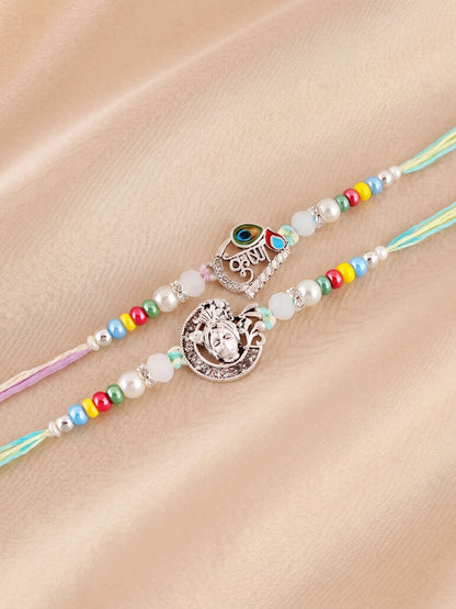 Lucky Jewellery Set of 4 Silver-Toned Bal Krishna & Peacock Rakhi for Brother | Designer Beaded Raksha Bandhan Threads with Roli, Chawal & Card (408-S5R1-2308-4)