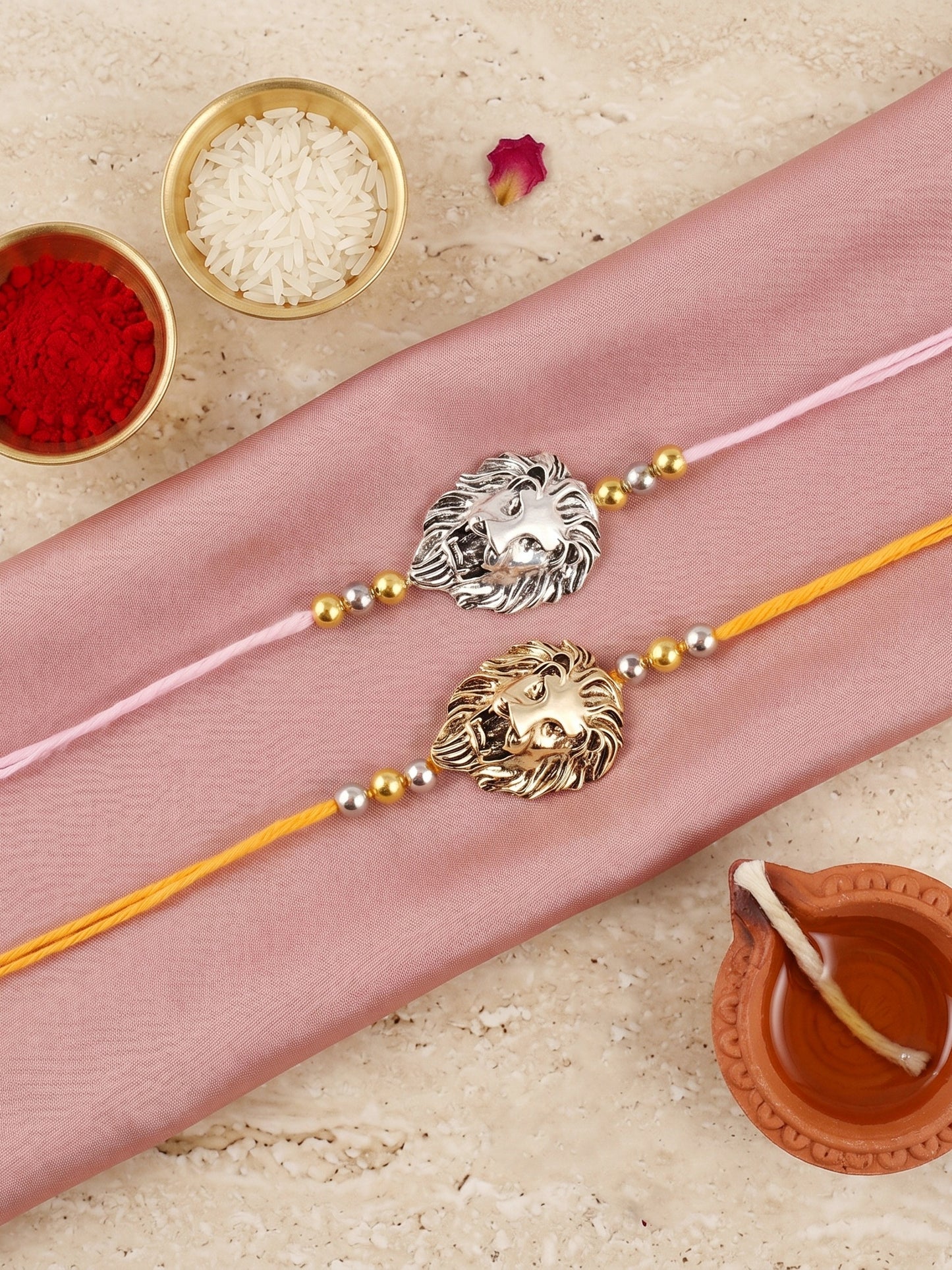 Lion Face Rakhi Set of 2 for Brothers With Metallic Gold & Silver Charm with Beaded, Roli, Chawal (250-CHR1-1175-2-2026)