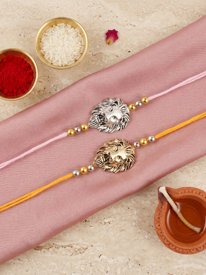 Lion Face Rakhi Set of 2 for Brothers With Metallic Gold & Silver Charm with Beaded, Roli, Chawal (250-CHR1-1175-2-2026)
