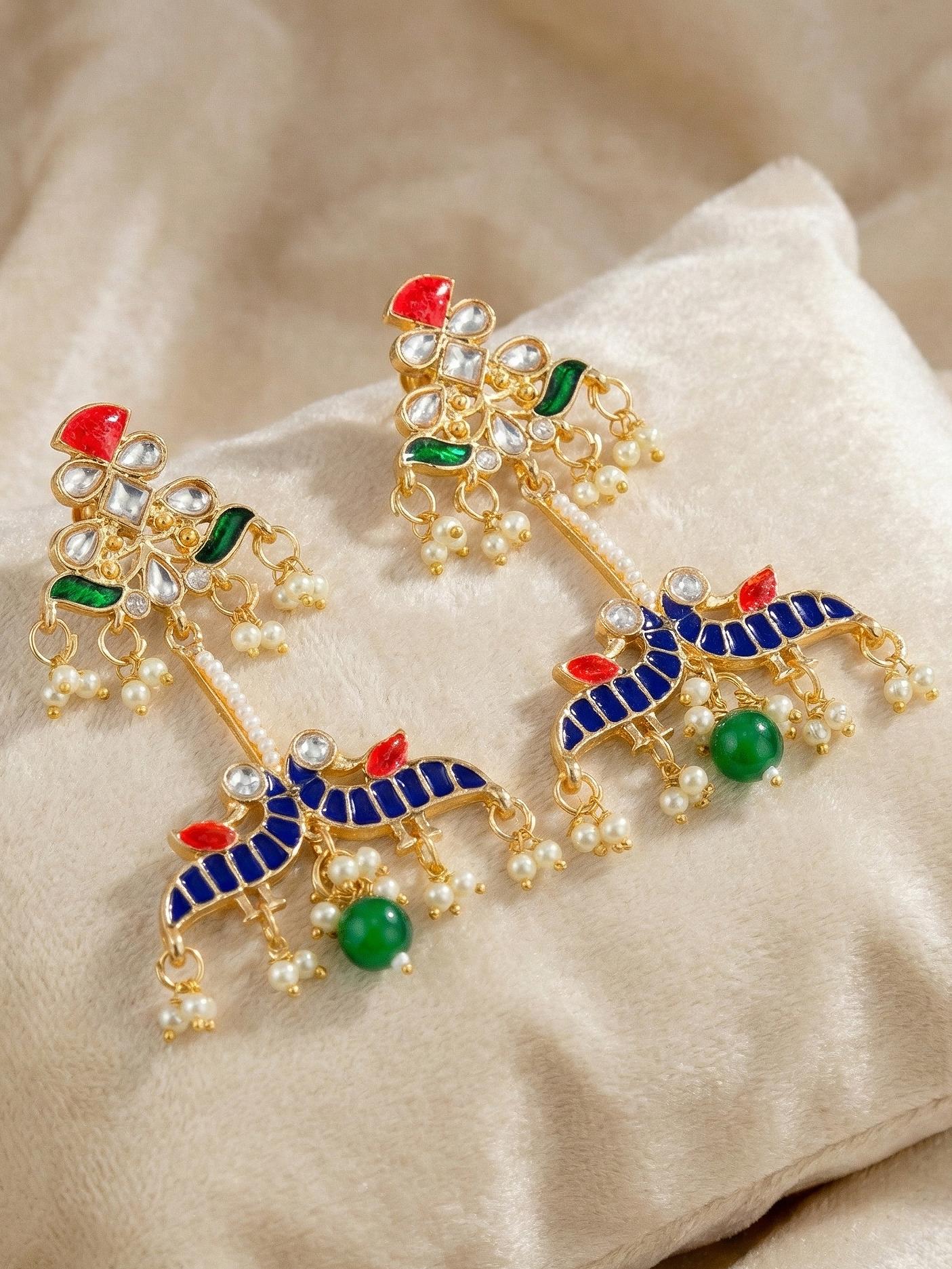 LUCKY JEWELLERY Gold Plated Enamel Peacock Design multicolor with Green Beads Earring For Girls & Women | Kashmiri Style Earing Set | Birthday Gift Earrings Valentine Anniversary