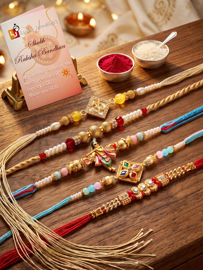 Lucky Jewellery Set of 5 Designer Beaded Rakhi for Brother | Golden Om & Krishna Raksha Bandhan Combo with Roli, Chawal & Card (259-S7R1-2320-5)