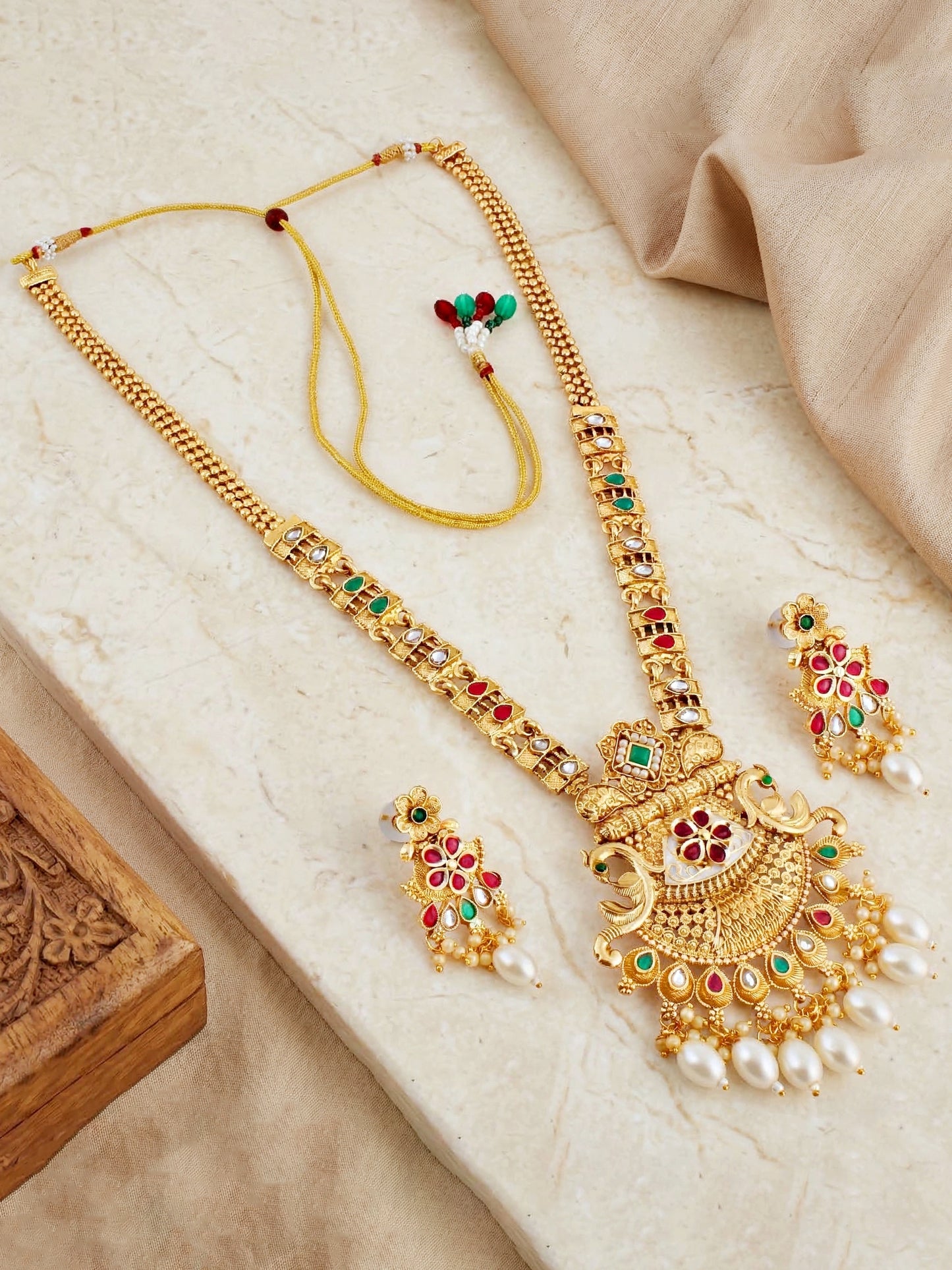 Lucky Jewellery Gold-Plated Ruby & Green Color Long Necklace Set (750-G2SR-206-RG)