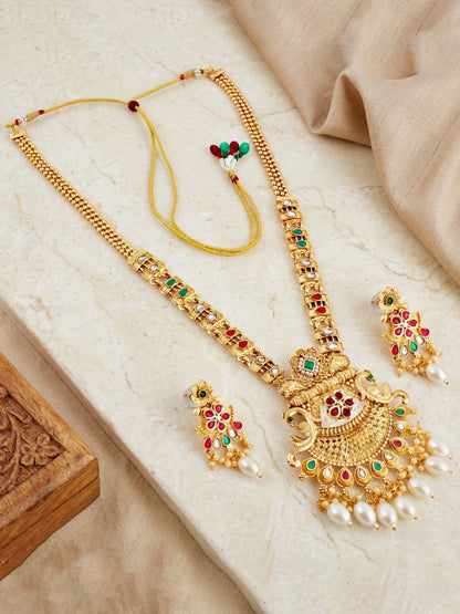 Lucky Jewellery Gold-Plated Ruby & Green Color Long Necklace Set (750-G2SR-206-RG)