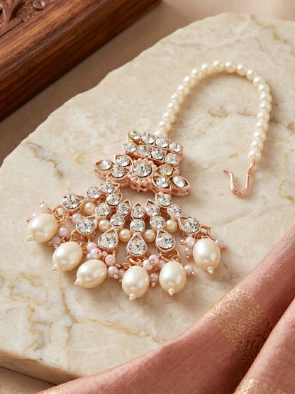 Rose Gold Plated AD White Stone & Pearl Bridal Choker Jewellery Set with Maang Tikka (974-B5SP-007-W)
