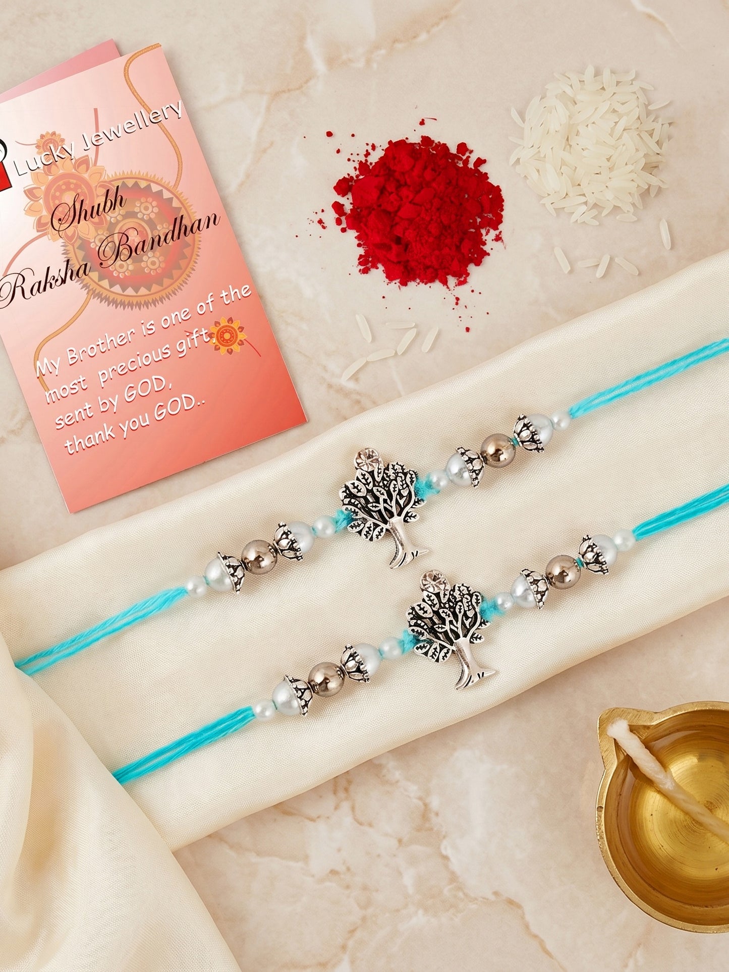 Set of 2 Silver Tree of Life Rakhi for Brother with White Beads, Roli Chawal & Card (72-JPR1-1958-S-2-2026)