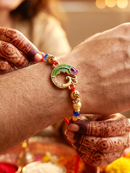Traditional Om & Peacock Spiritual Beaded Rakhi For Brother With Roli Chawal & Card (72-S5R1-AR2903)