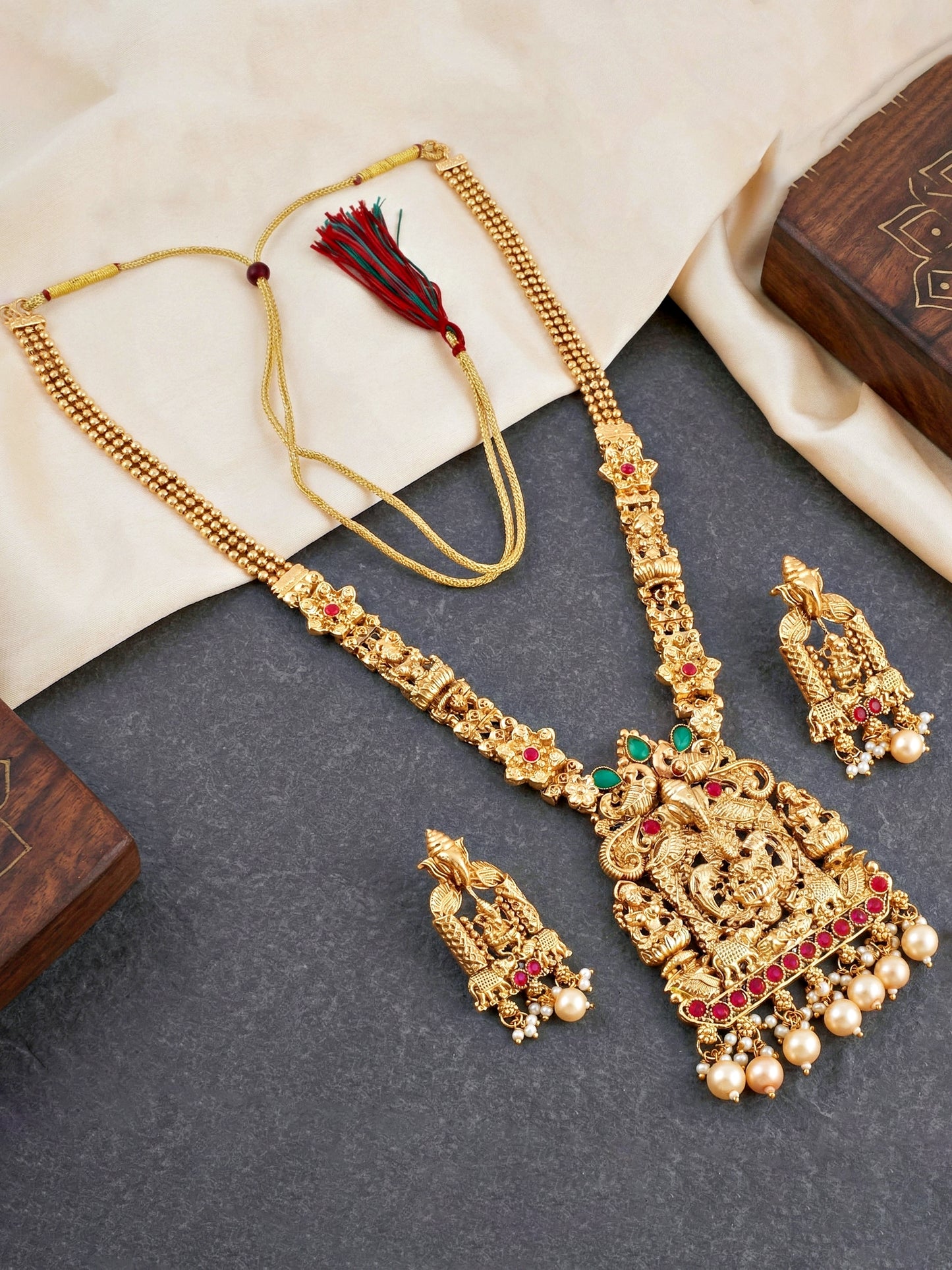 Lucky Jewellery Gold-Plated Ganesh Laxmi Ruby & Green Color Necklace Set (660-G2SR-200-RG)