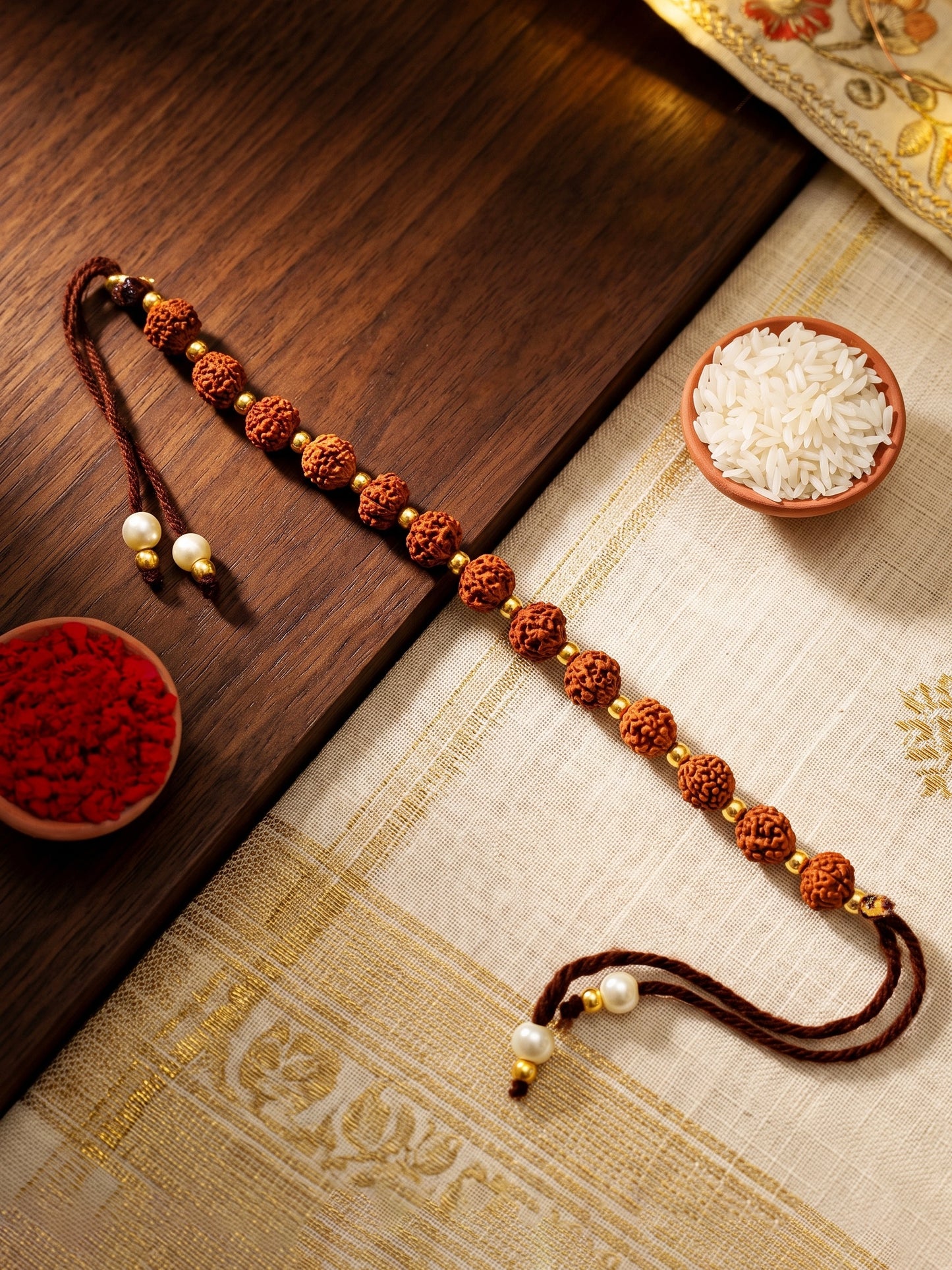 Traditional Rudraksha Rakhi for Brother with Gold, Warm Beads, Roli Chawal & Card (102-RRR1-1987-1-2026)