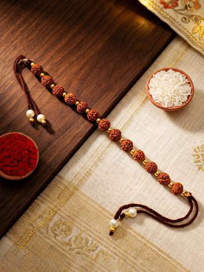Traditional Rudraksha Rakhi for Brother with Gold, Warm Beads, Roli Chawal & Card (102-RRR1-1987-1-2026)