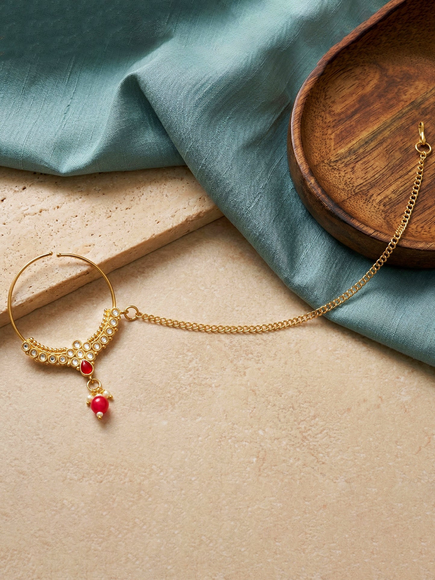 Bridal Kundan Bright Red Choker Jewellery Set with Hathphool & Nath (2541-IZK-554-RED)