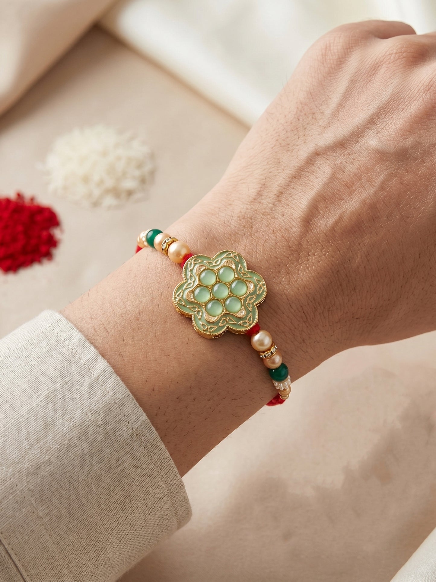 Set of 2 Bhaiya Bhabhi Rakhi Set with Floral Mint Pendant, Green & Golden Beads,Tassel Lumba (130-JPCR1-1857-MNT-2-2026)
