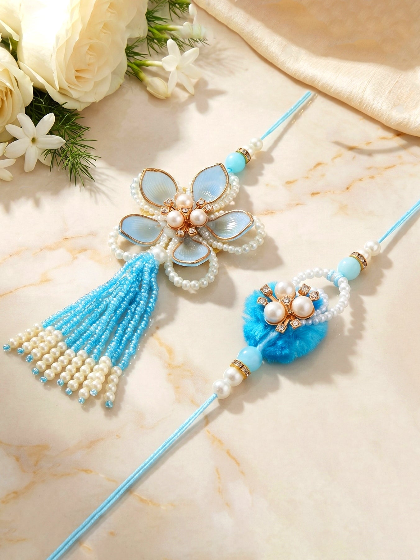 Set of 2 Traditional Blue Rakhi and Lumba Set with White Beads | Rakhi for Brother and Bhabhi (168-S7R1-PJ6201-F)