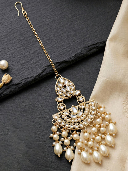 Gold Plated Kundan & Pearl White Stone Bridal Choker Jewellery Set with Maang Tikka (1683-ISK-855-W)