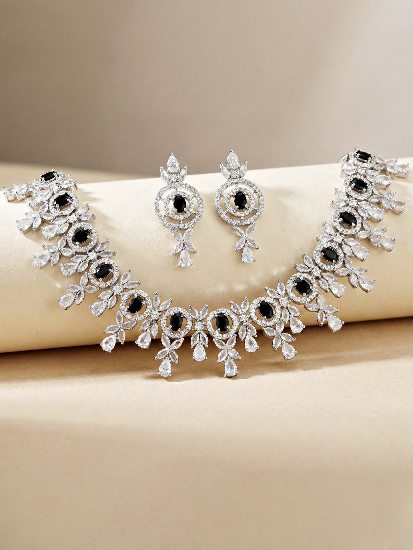 Silver-Tone Black Stone & American Diamond Necklace Set with Earrings for Women – Office, Party & Function Wear (1717-K4SA-2242-BL-S)