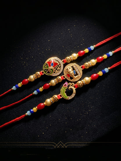 Lucky Jewellery Set of 5 Designer Rakhi for Brother | Golden Om, Ganesha & Peacock Beaded Threads | Premium Raksha Bandhan with Roli, Chawal & Greeting Card (360-S5R1-2305-5)