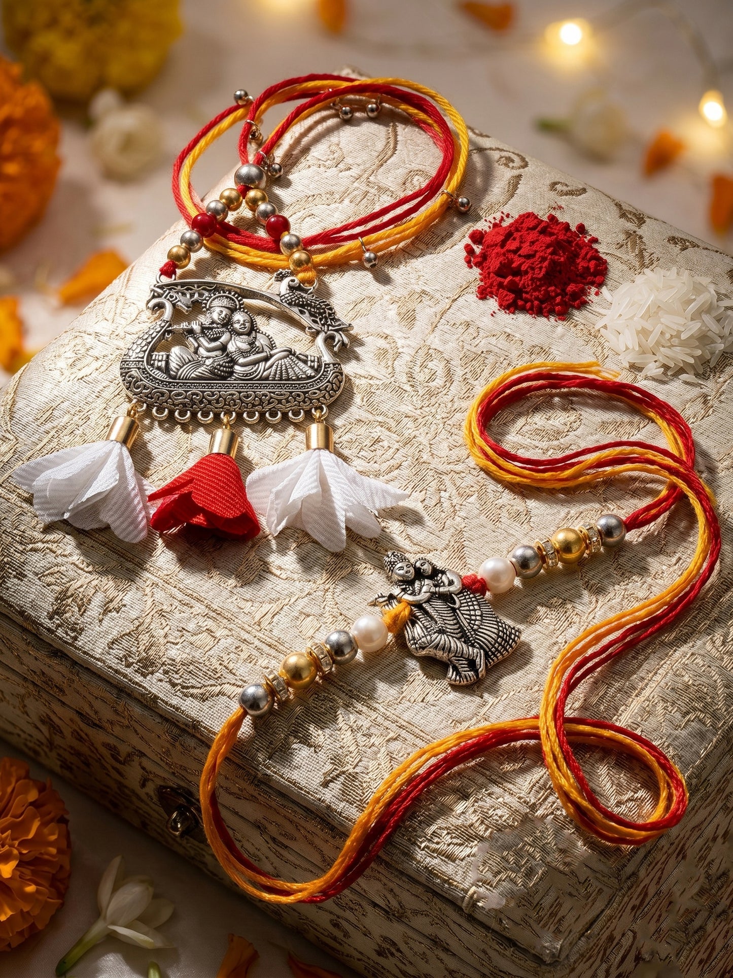 Set of 2 Bhaiya Bhabhi Rakhi Set with Radha Krishna Pendant, Maroon & White Tassels, Roli Chawal (182-JPCR1-1990-S-2-2026)