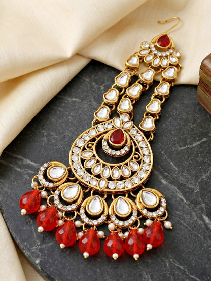 Bridal AD Red Stone Heavy Choker Jewellery Set with Sheesh Patti, Nath & Jhumka (3300-M8ZK-1106-RED)