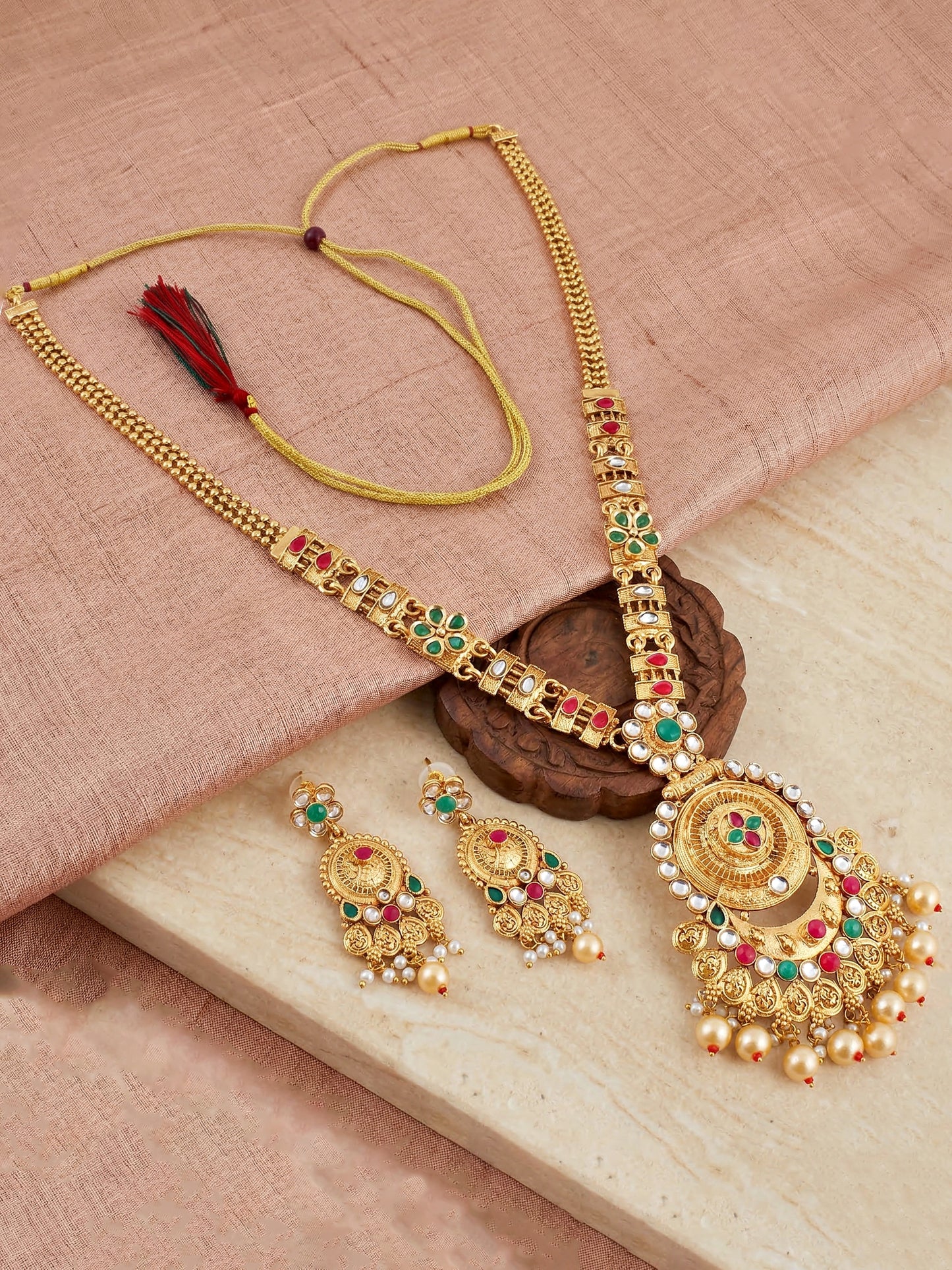 Lucky Jewellery Gold-Plated Ruby & Green Color Necklace Set (732-G2SR-190-RG)