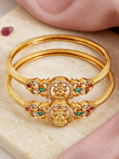 Gold-Plated Laxmi Ji AD Temple Bangle Pink Green (655-C1BG-2197-2)