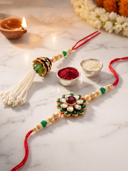 Set of 2 Bhaiya Bhabhi Rakhi Set with Floral Pendant, Maroon Stones & Beads, Tassel Lumba (173-JPCR1-1858-MG-2-2026)