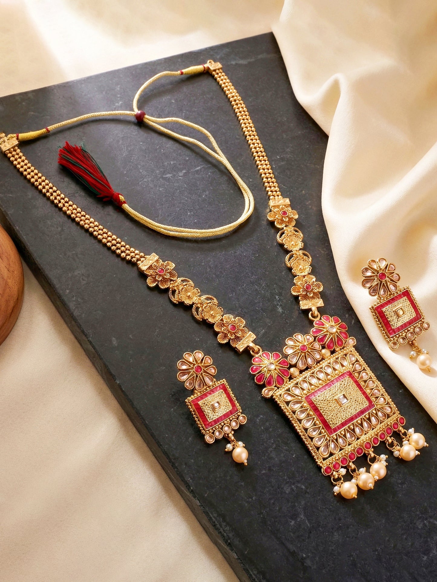 Lucky Jewellery Gold-Plated Ruby Color Traditional Necklace Set (726-G2SR-197-R)