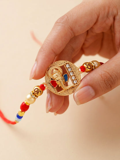 Divine Lord Ganesha & Spiritual Om Beaded Rakhi Set For Brother | With Roli Chawal & Greeting Cards (72-S5R1-AR2922)