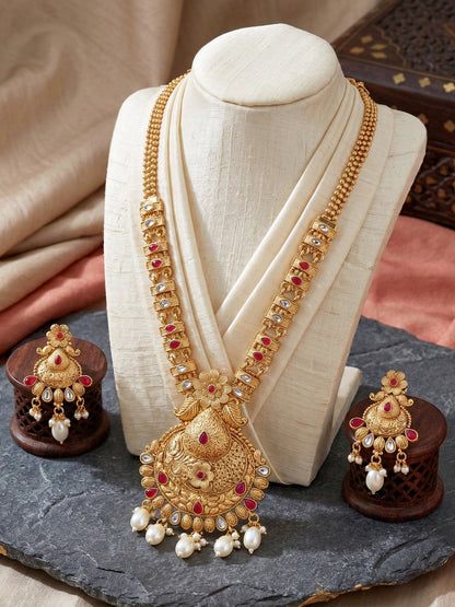 Lucky Jewellery Gold-Plated Ruby Color Long Necklace Set (660-G2SR-203-R)