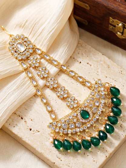 Bridal AD Green Stone Heavy Choker Jewellery Set with Sheesh Patti, Nath & Jhumka (3300-M8ZK-1104-G)