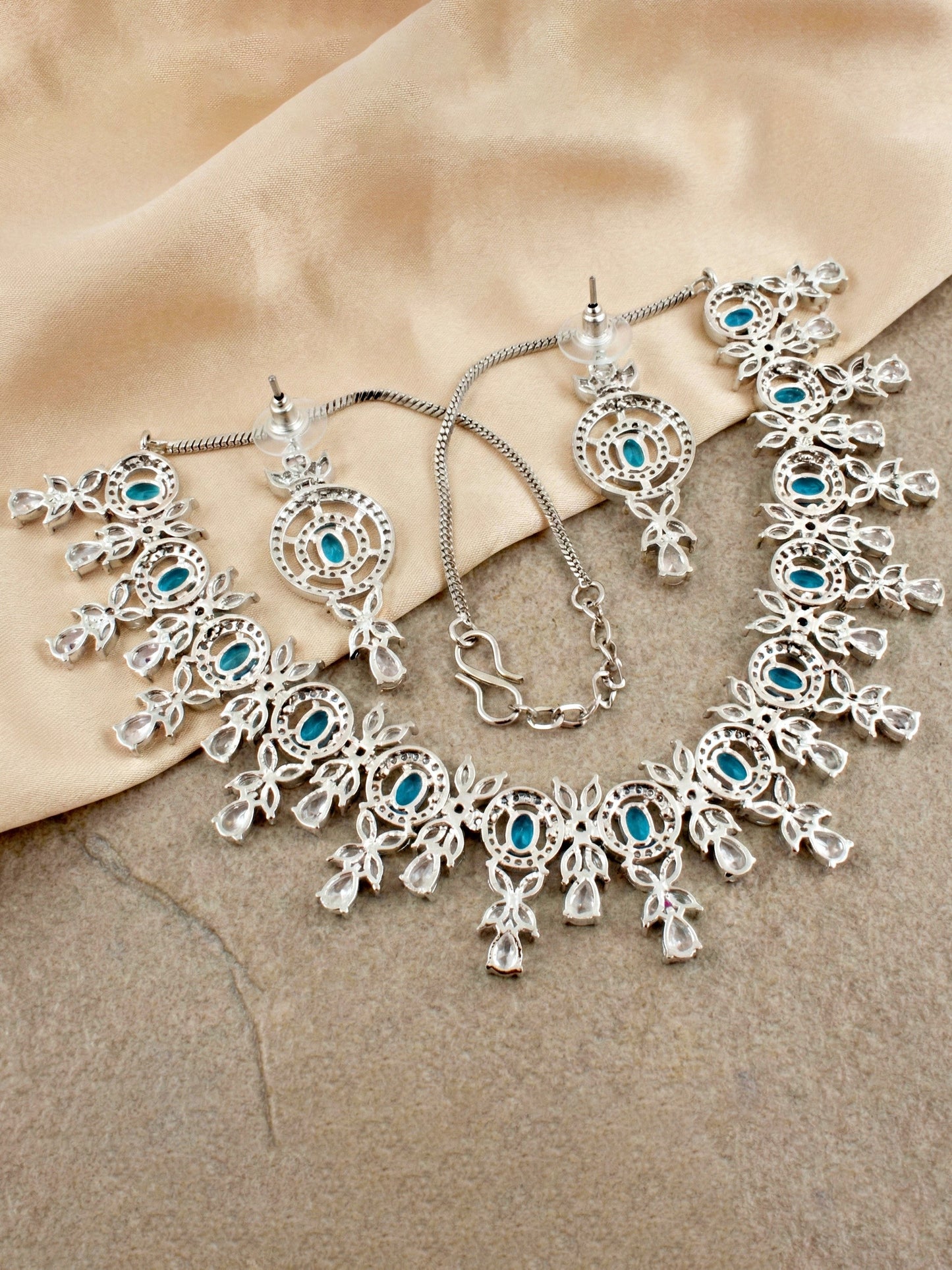 Silver-Tone Ferozi (Turquoise) Stone & American Diamond Necklace Set with Earrings for Women – Office, Party & Function Wear (1717-K4SA-2242-F-S)