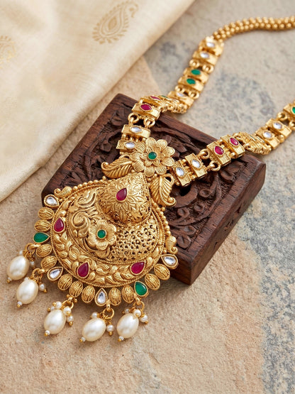 Lucky Jewellery Gold-Plated Ruby & Green Color Long Necklace Set (660-G2SR-203-RG)