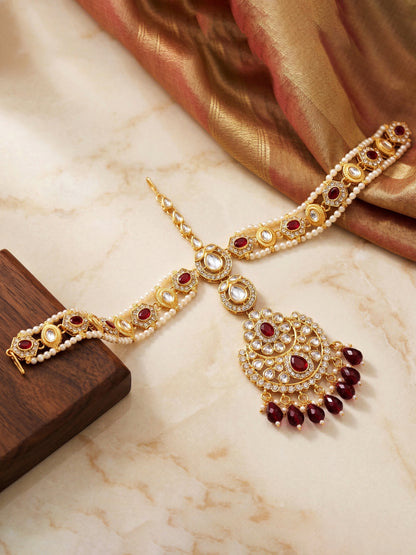 Bridal AD Maroon Stone Heavy Choker Jewellery Set with Sheesh Patti, Nath & Jhumka (3300-M8ZK-1104-M)