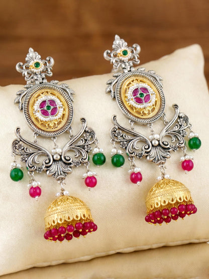 LUCKY JEWELLERY Oxidised Silver & Gold Traditional Jhumka with Ruby & Green Beads Earrings For Girls & Women| Kashmiri Style jhumkee Earing Set | Birthday Gift Earrings Valentine Anniversary Gift