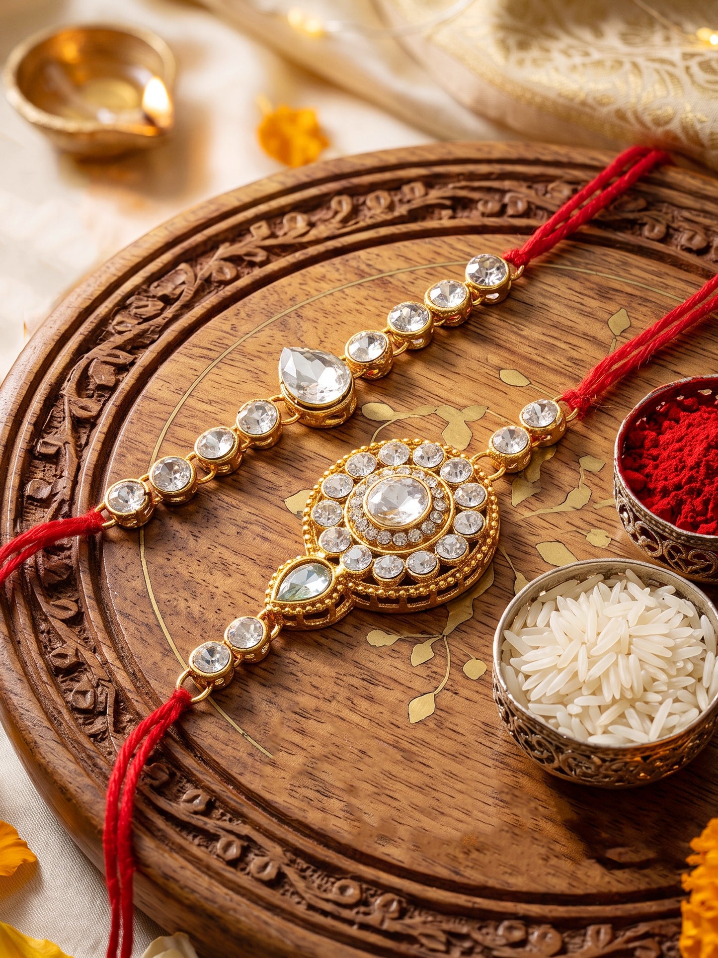 LUCKY JEWELLERY Traditional Rakhi for Brother/Bhaiya – Gold Plated Red Thread Rakshabandhan Rakhie White Stones for Bhai/Bhabhi (Pack of 2) – Fancy Rakhee Bracelet Rakshasutra (159-L1R1-21-W-2-2026)