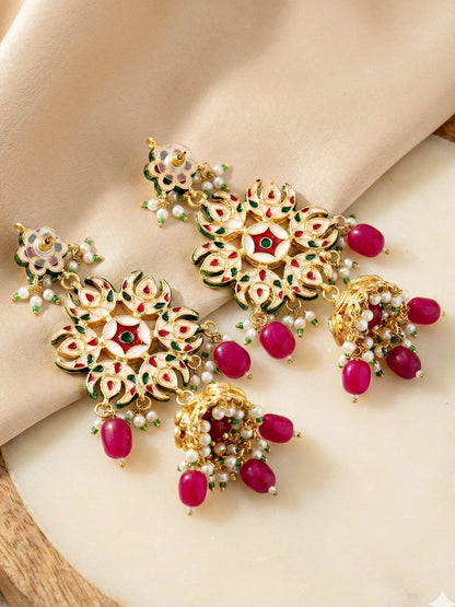 LUCKY JEWELLERY  18K Gold Plated Kundan Jhumka with Red Stone Back Meenakari Earrings for Girls & Women| Designer kundan Jhumkee Earring Set |Birthday Gift Earrings Valentine Anniversary