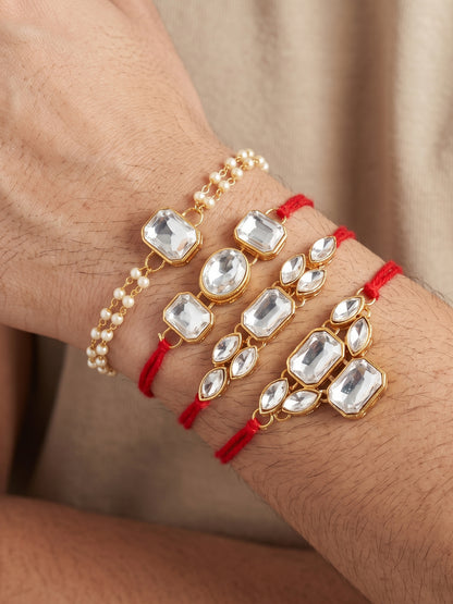 LUCKY JEWELLERY Traditional Rakhi for Brother/Bhaiya – Gold Plated Red Thread Rakshabandhan Rakhie White Stones for Bhai/Bhabhi (Pack of 4) – Fancy Rakhee Bracelet Rakshasutra (182-L1R1-18-W-4-2026)