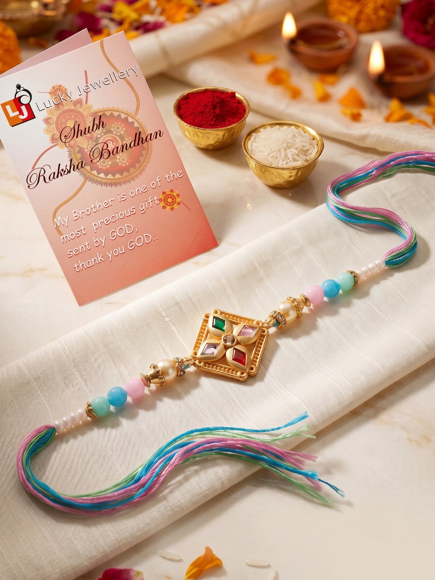 Designer Multi-Color Floral Stone Rakhi for Brother | Pastel Beaded Raksha Bandhan with Roli Chawal (49-S7R1-YO2118)