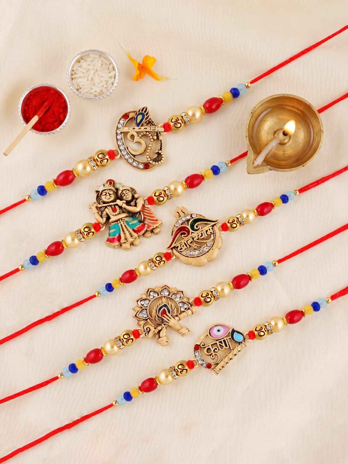 Set of 5 Traditional Divine Rakhis for Bhai | Beaded Radha Krishna & Khatu Shyam Threads | Raksha Bandhan Gift Set with Roli, Chawal & Greeting Card (360-S5R1-2306-5)