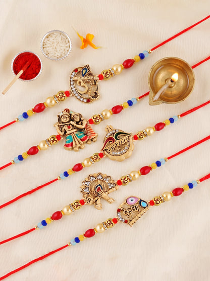 Set of 5 Traditional Divine Rakhis for Bhai | Beaded Radha Krishna & Khatu Shyam Threads | Raksha Bandhan Gift Set with Roli, Chawal & Greeting Card (360-S5R1-2306-5)
