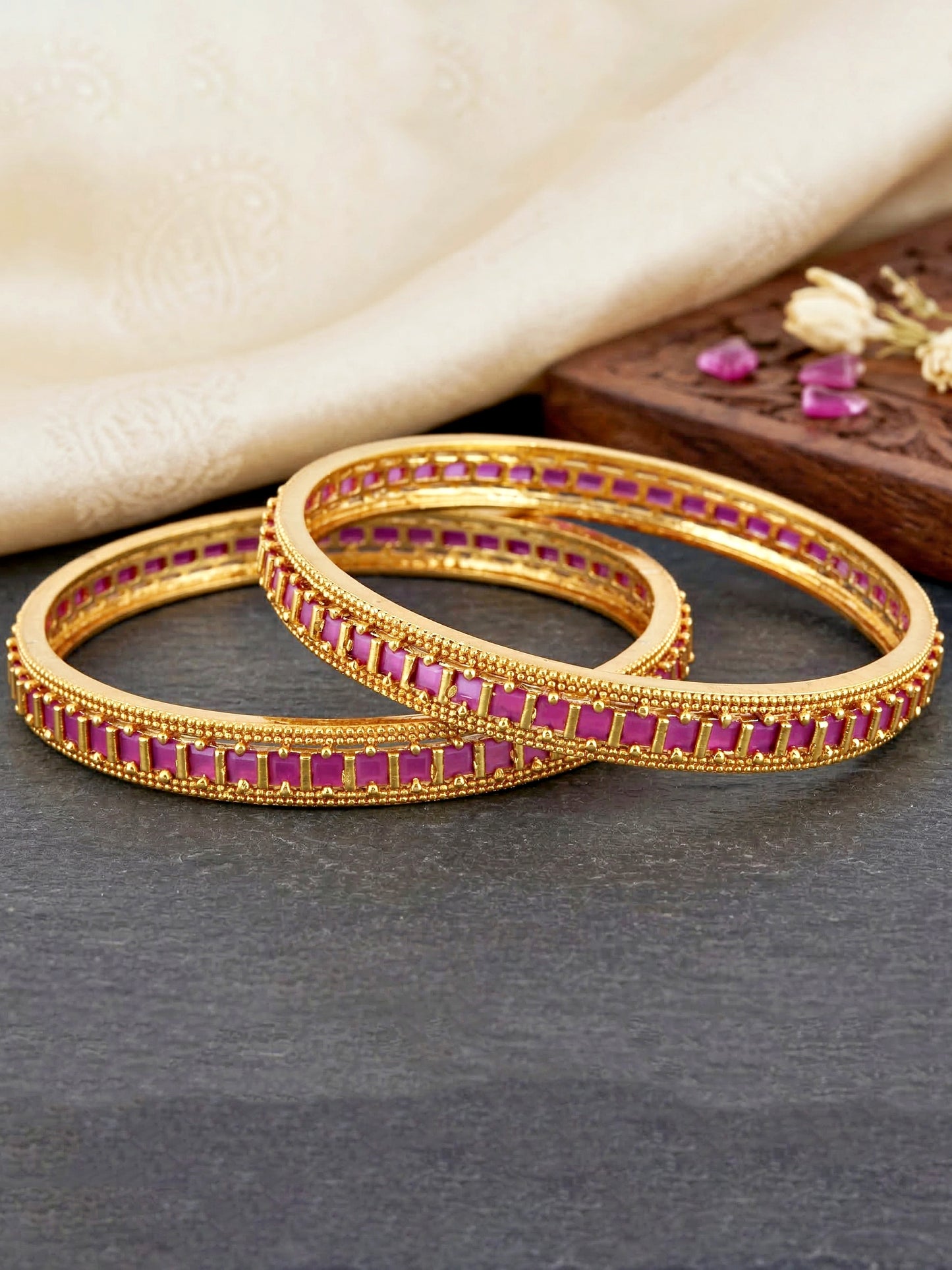 Gold-Plated Temple Magenta Stone Bangle (945-C1BG-2212-2)