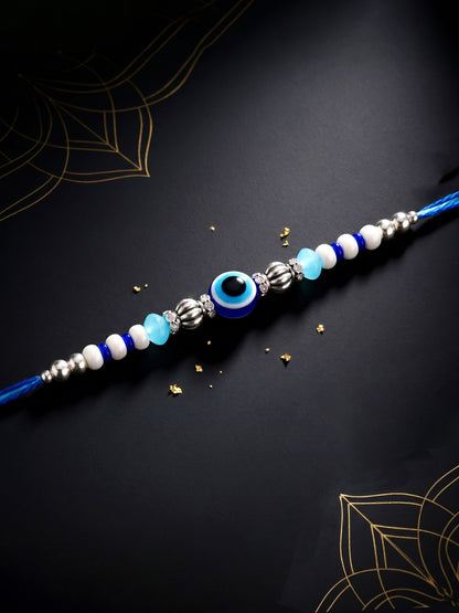Blue Evil Eye Rakhi with Greeting Card and Roli Chawal Set for Rakshabandhan (54-S5R1-RN2239)