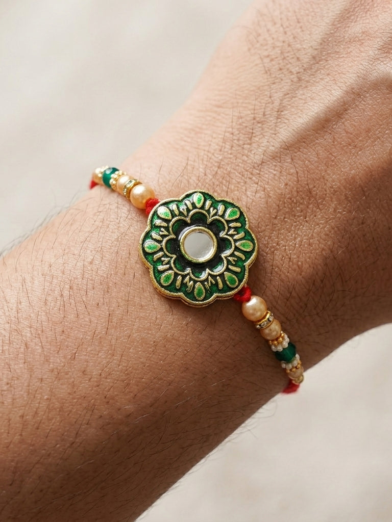 Set of 2 Bhaiya Bhabhi Rakhi Set with Floral Pendant, Green & Golden Beads,Tassel Lumba,Roli Chawal (130-JPCR1-1853-G-2-2026)